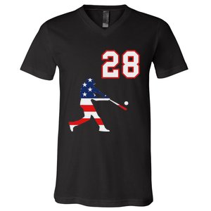 Baseball Player Number 28 With American Usa Flag V-Neck T-Shirt