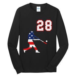 Baseball Player Number 28 With American Usa Flag Tall Long Sleeve T-Shirt