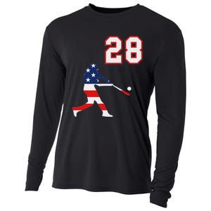 Baseball Player Number 28 With American Usa Flag Cooling Performance Long Sleeve Crew