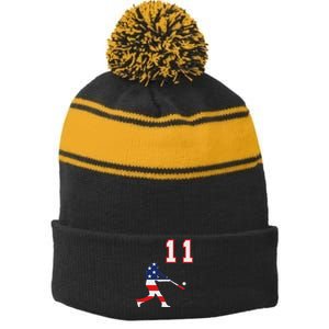 Baseball Player Number 11 With American Usa Flag Stripe Pom Pom Beanie