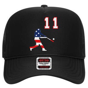 Baseball Player Number 11 With American Usa Flag High Crown Mesh Back Trucker Hat