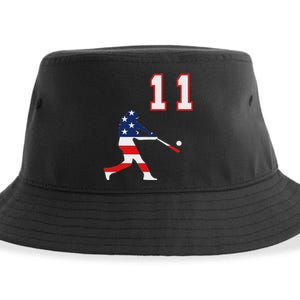 Baseball Player Number 11 With American Usa Flag Sustainable Bucket Hat