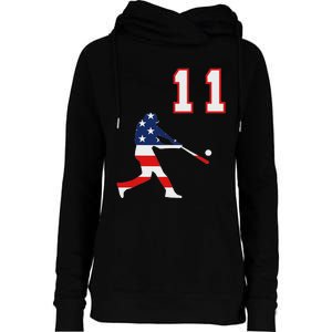 Baseball Player Number 11 With American Usa Flag Womens Funnel Neck Pullover Hood