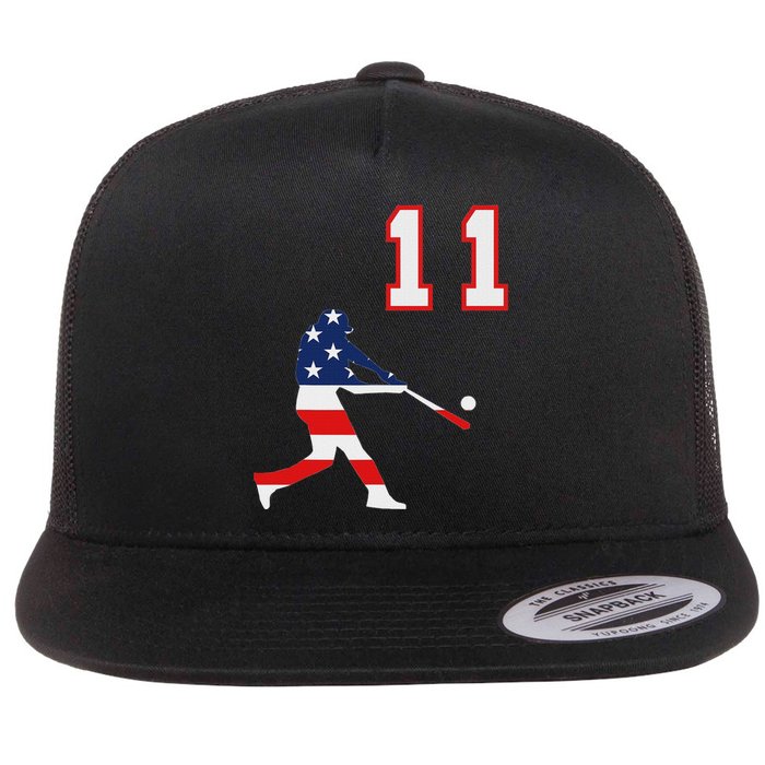 Baseball Player Number 11 With American Usa Flag Flat Bill Trucker Hat