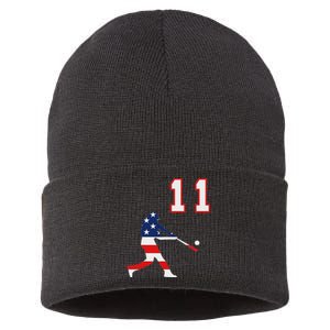 Baseball Player Number 11 With American Usa Flag Sustainable Knit Beanie