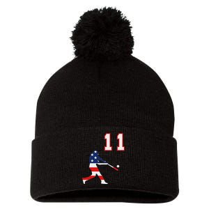 Baseball Player Number 11 With American Usa Flag Pom Pom 12in Knit Beanie