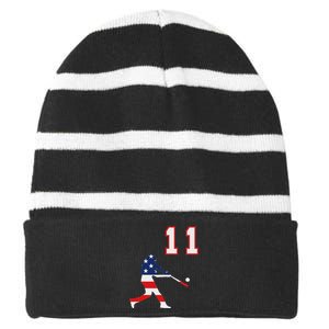 Baseball Player Number 11 With American Usa Flag Striped Beanie with Solid Band