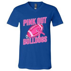 Bulldogs Pink Out Football Tackle Breast Cancer V-Neck T-Shirt