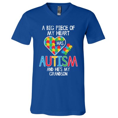 Big Piece Of My Heart Has Autism Grandson Awareness Puzzle Gift V-Neck T-Shirt