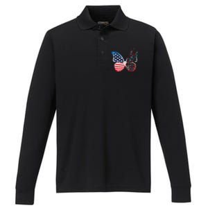 Butterfly Patriotic Peace Signs 4th of July US Flag Performance Long Sleeve Polo