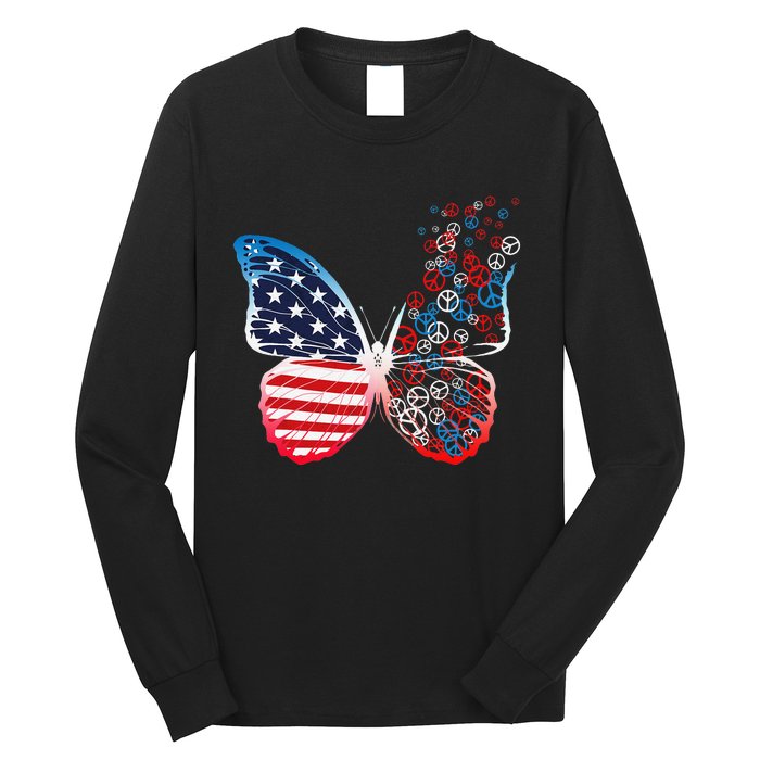 Butterfly Patriotic Peace Signs 4th of July US Flag Long Sleeve Shirt