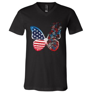 Butterfly Patriotic Peace Signs 4th of July US Flag V-Neck T-Shirt