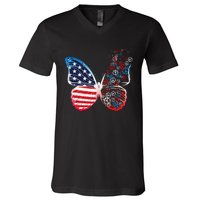 Butterfly Patriotic Peace Signs 4th of July US Flag V-Neck T-Shirt