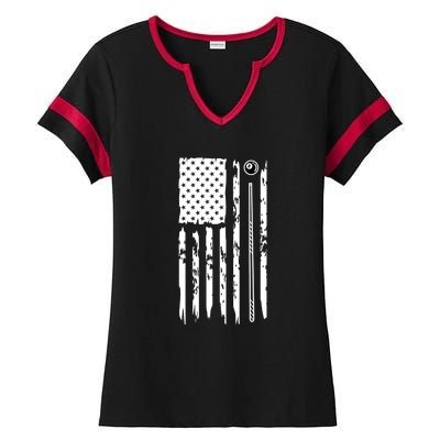 Billiards Pool Player Snooker Game US Flag Billiards Dad Gift For Father’s Day Ladies Halftime Notch Neck Tee