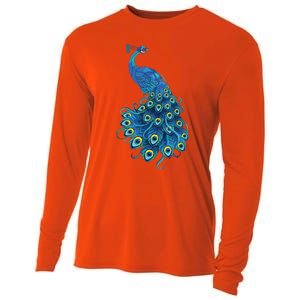 Blue Peacock Print Teal Feathers Bird Lover Gifts Cooling Performance Long Sleeve Crew