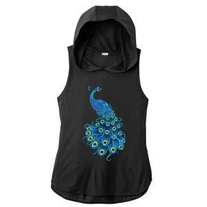 Blue Peacock Print Teal Feathers Bird Lover Gifts Ladies PosiCharge Tri-Blend Wicking Draft Hoodie Tank