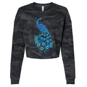 Blue Peacock Print Teal Feathers Bird Lover Gifts Cropped Pullover Crew