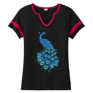 Blue Peacock Print Teal Feathers Bird Lover Gifts Ladies Halftime Notch Neck Tee