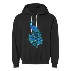 Blue Peacock Print Teal Feathers Bird Lover Gifts Garment-Dyed Fleece Hoodie