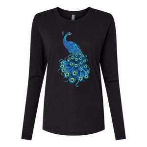 Blue Peacock Print Teal Feathers Bird Lover Gifts Womens Cotton Relaxed Long Sleeve T-Shirt