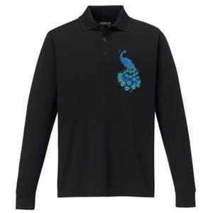 Blue Peacock Print Teal Feathers Bird Lover Gifts Performance Long Sleeve Polo