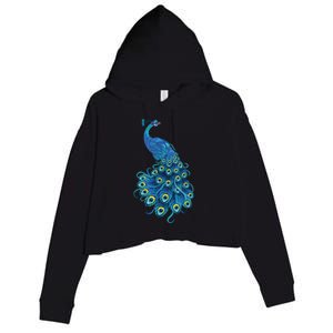 Blue Peacock Print Teal Feathers Bird Lover Gifts Crop Fleece Hoodie