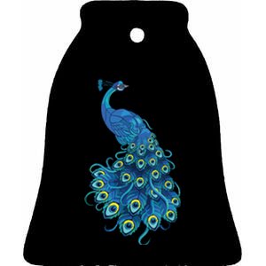 Blue Peacock Print Teal Feathers Bird Lover Gifts Ceramic Bell Ornament