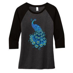 Blue Peacock Print Teal Feathers Bird Lover Gifts Women's Tri-Blend 3/4-Sleeve Raglan Shirt