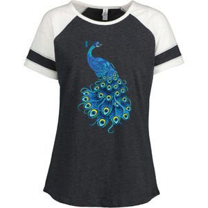 Blue Peacock Print Teal Feathers Bird Lover Gifts Enza Ladies Jersey Colorblock Tee