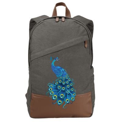 Blue Peacock Print Teal Feathers Bird Lover Gifts Cotton Canvas Backpack