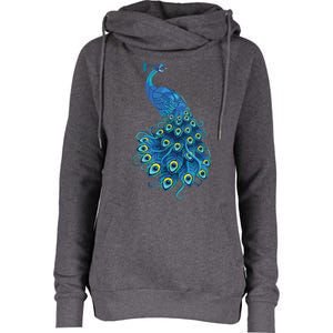 Blue Peacock Print Teal Feathers Bird Lover Gifts Womens Funnel Neck Pullover Hood