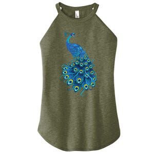 Blue Peacock Print Teal Feathers Bird Lover Gifts Women's Perfect Tri Rocker Tank