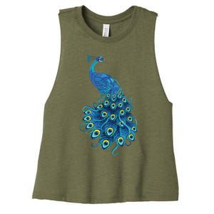 Blue Peacock Print Teal Feathers Bird Lover Gifts Women's Racerback Cropped Tank