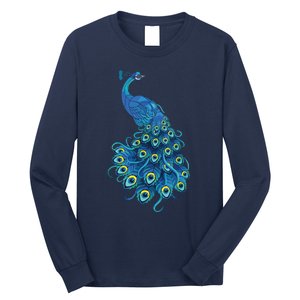 Blue Peacock Print Teal Feathers Bird Lover Gifts Long Sleeve Shirt