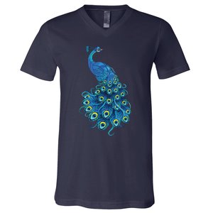 Blue Peacock Print Teal Feathers Bird Lover Gifts V-Neck T-Shirt