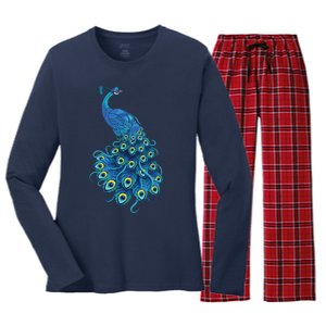 Blue Peacock Print Teal Feathers Bird Lover Gifts Women's Long Sleeve Flannel Pajama Set 