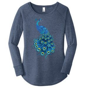 Blue Peacock Print Teal Feathers Bird Lover Gifts Women's Perfect Tri Tunic Long Sleeve Shirt