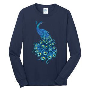 Blue Peacock Print Teal Feathers Bird Lover Gifts Tall Long Sleeve T-Shirt