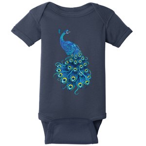 Blue Peacock Print Teal Feathers Bird Lover Gifts Baby Bodysuit