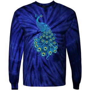 Blue Peacock Print Teal Feathers Bird Lover Gifts Tie-Dye Long Sleeve Shirt