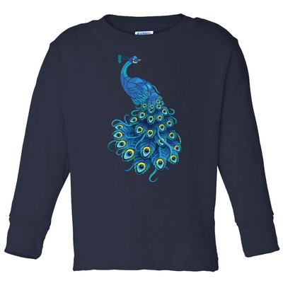 Blue Peacock Print Teal Feathers Bird Lover Gifts Toddler Long Sleeve Shirt