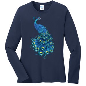 Blue Peacock Print Teal Feathers Bird Lover Gifts Ladies Long Sleeve Shirt