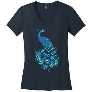 Blue Peacock Print Teal Feathers Bird Lover Gifts Women's V-Neck T-Shirt