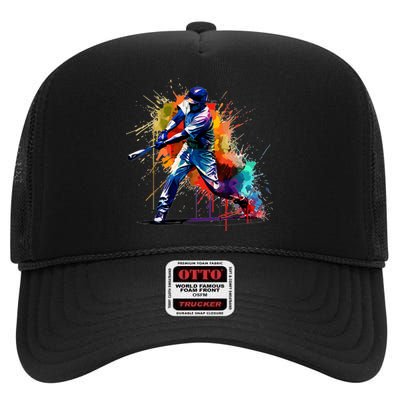 Baseball Player Paint Splash High Crown Mesh Back Trucker Hat