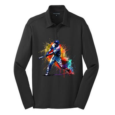 Baseball Player Paint Splash Silk Touch Performance Long Sleeve Polo