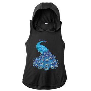 Blue Peacock Print Teal Feathers Bird Lover Ladies PosiCharge Tri-Blend Wicking Draft Hoodie Tank