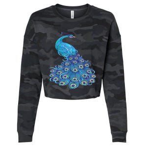 Blue Peacock Print Teal Feathers Bird Lover Cropped Pullover Crew