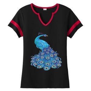 Blue Peacock Print Teal Feathers Bird Lover Ladies Halftime Notch Neck Tee