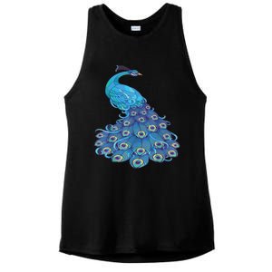 Blue Peacock Print Teal Feathers Bird Lover Ladies PosiCharge Tri-Blend Wicking Tank