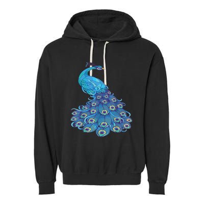 Blue Peacock Print Teal Feathers Bird Lover Garment-Dyed Fleece Hoodie